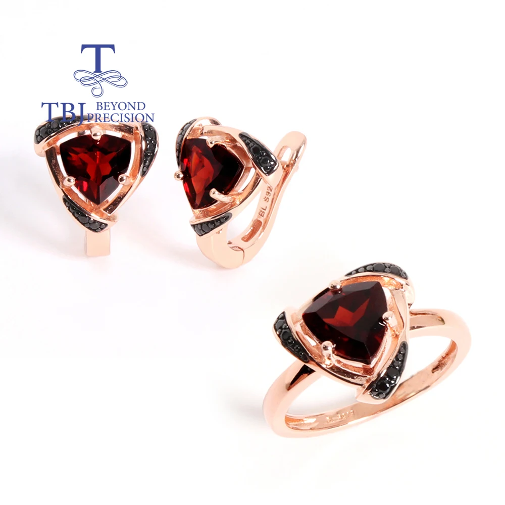 

Fashion triangle design January Birthstone Garnet Natural Gems Ring Earrings Jewelry Set S925 silver fine jewelry for women gift