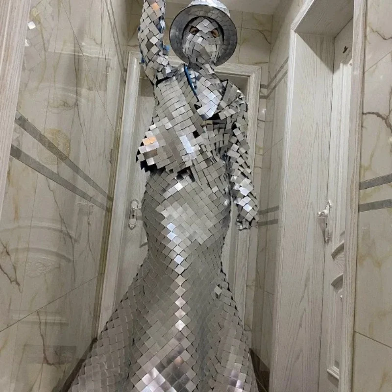 الذهب مرآة فستان الزجاج دعوى الرجال النساء زي عاكس DJ بار عرض الملابس المستقبل الفضاء حفل زفاف المرحلة تأثيري حلي