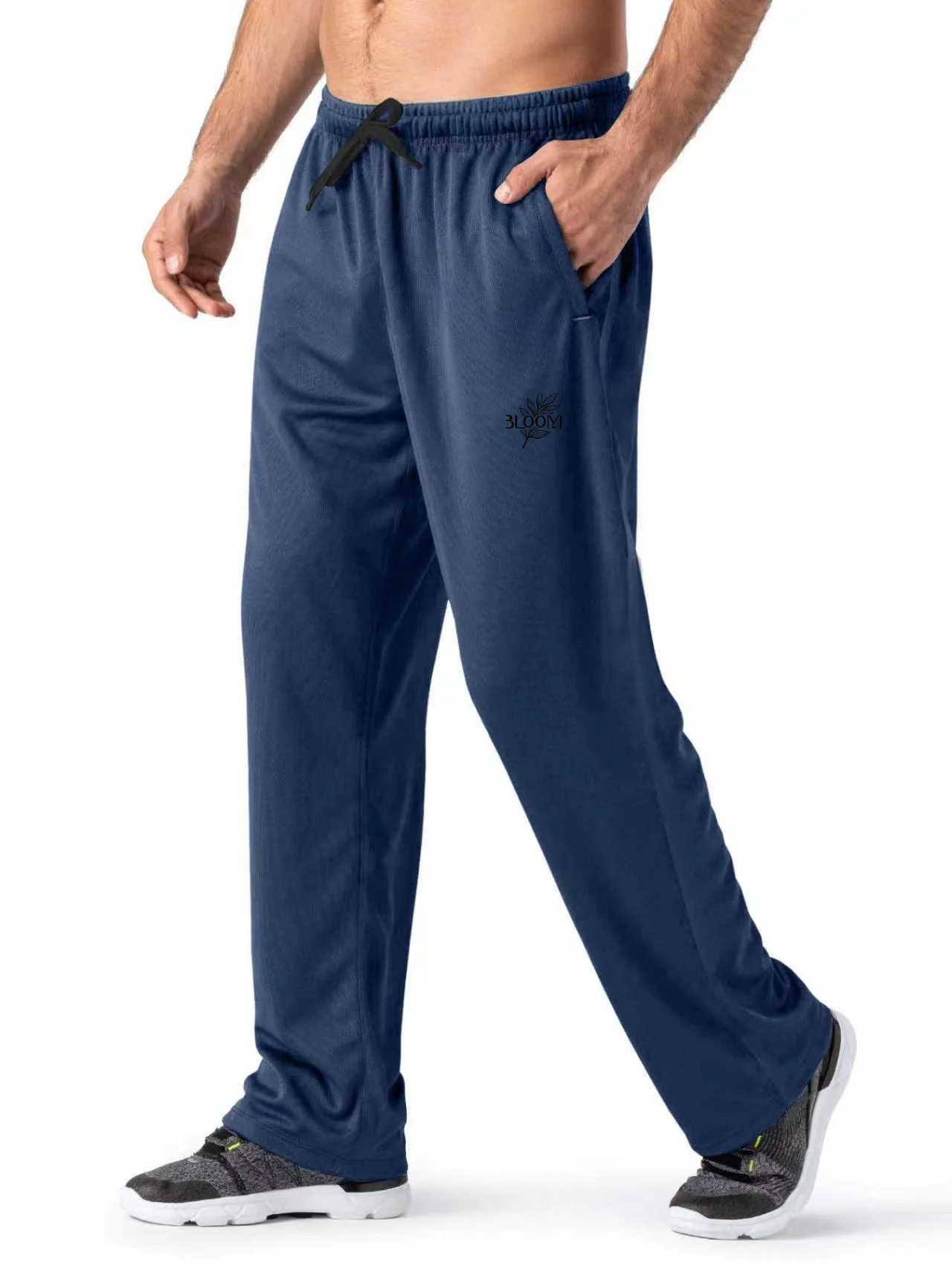 Men's Quick‑Dry Straight Sports Pants, BLOOM Logo Print Drawstring Sweatpants, Zip Side Pockets Gym Running Casual Trouse