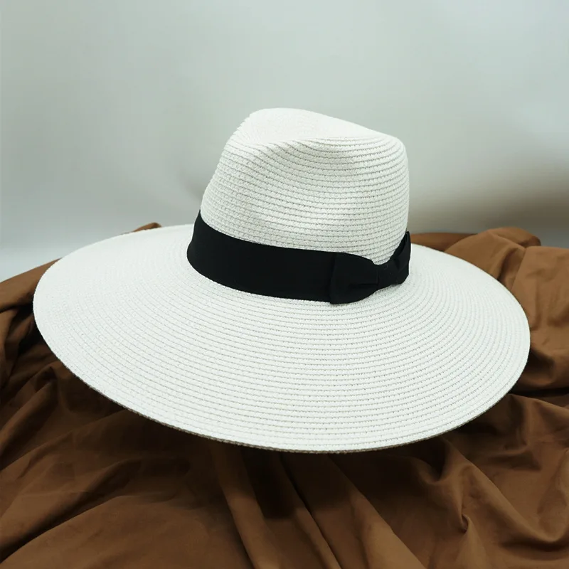 White Panama Hats Black Summer Hats for Women Straw Fedora Church Hat Ladies 12.5cm Wide Brim Beach Hat Outdoor Holiday SunHat