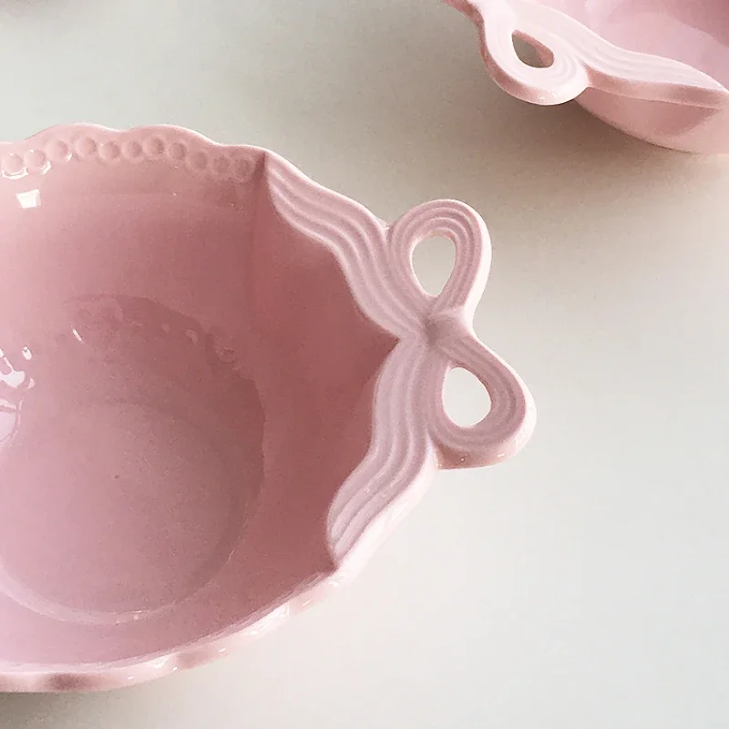 Embossed Pink  Bow Ceramic Bowl，mini 5inch Fruit Salad Bowl，Solid Color Kitchen Plate Tableware，Household Cake Dish Round Bowl