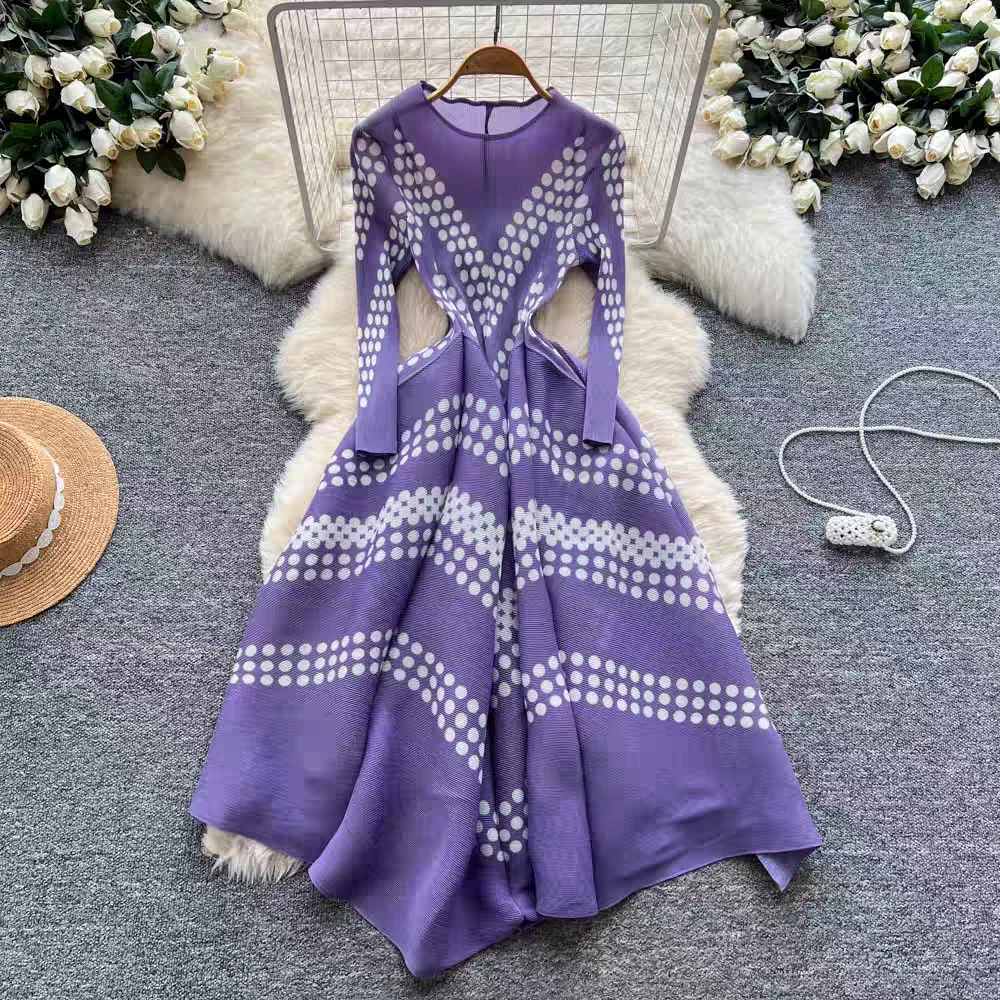 

Ele Polka Dot Folded Dr Artistic Retro Print Skirt Large Size Women's Clothing Cross-Border Faionable Spring Dr