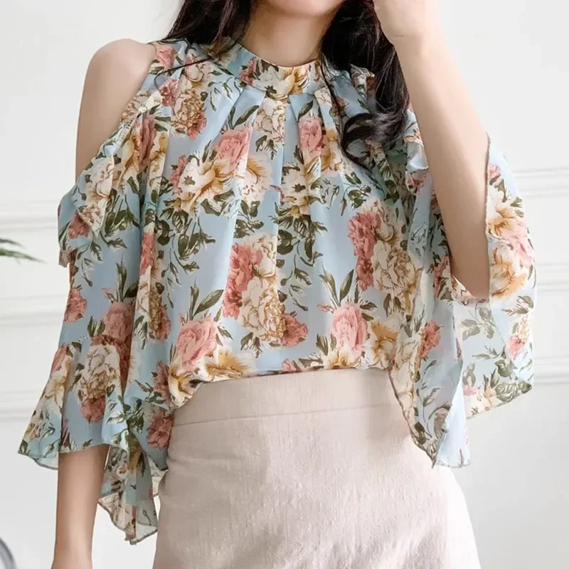 New Top Strapless Women Blouse O-Neck Print Chiffon Blouse Shirt Women Tops Blouses Shirts Blusas Para Mujer Camisas 2024 M123