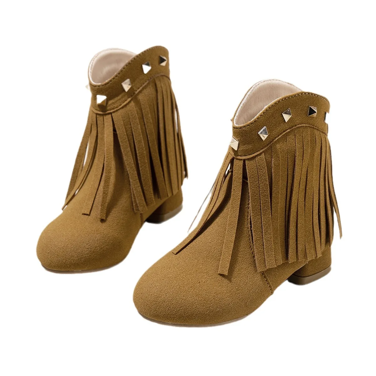 Fringed Western Boots For Girls Manmade Suede Leather Mid-Calf Bootis Kids Round Toe Rivet Studs Tassels Cowboy Botas Low Heel