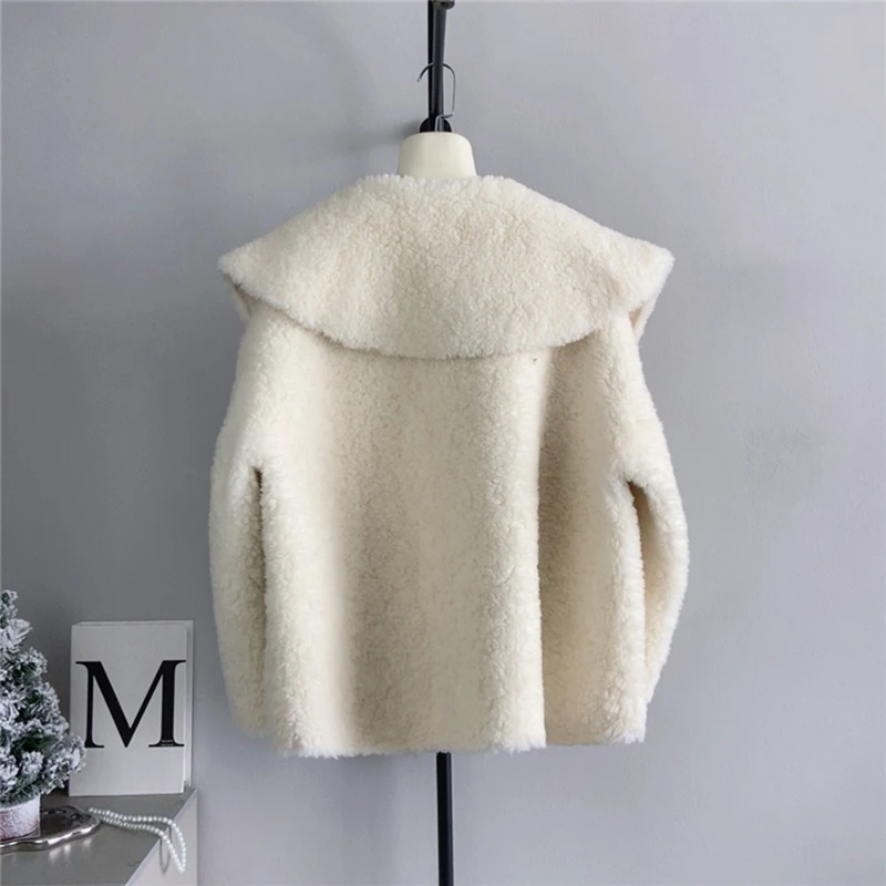 Korean Style Real Wool Coats For Women Autumn Winter New Peter Pan Collar Loose Warm Real Fur Pullovers Fashion Niche Tops