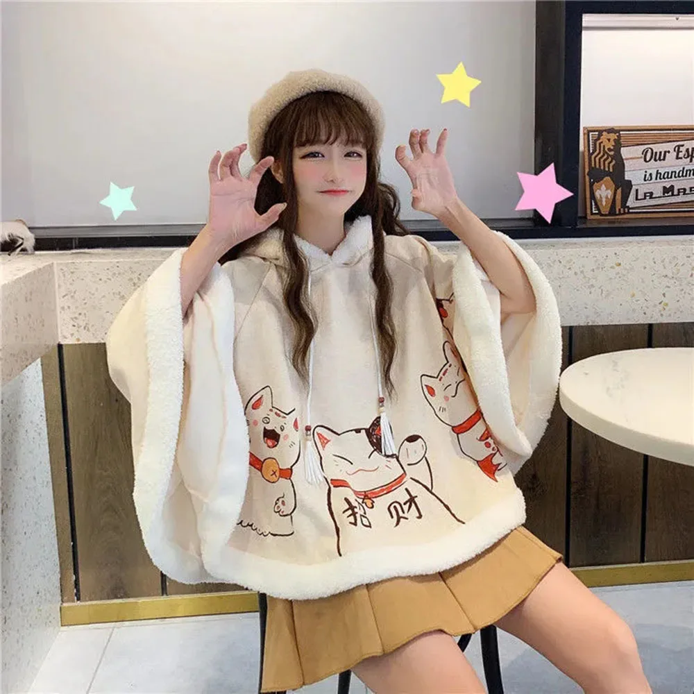 Autumn Winter Harajuku Cute Lolita Poncho Jacket Cat Ears Girl Warm Cloak Hooded Kawaii Shawl Student Anime Coat Cartoon Capes