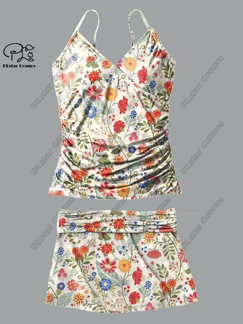 Costume da bagno estivo da donna con scollo a V, piccolo e fresco, con stampa floreale, gonna a bretelle, costume da bagno in due pezzi, vacanza, viaggio, nuovo costume da bagno Q-9