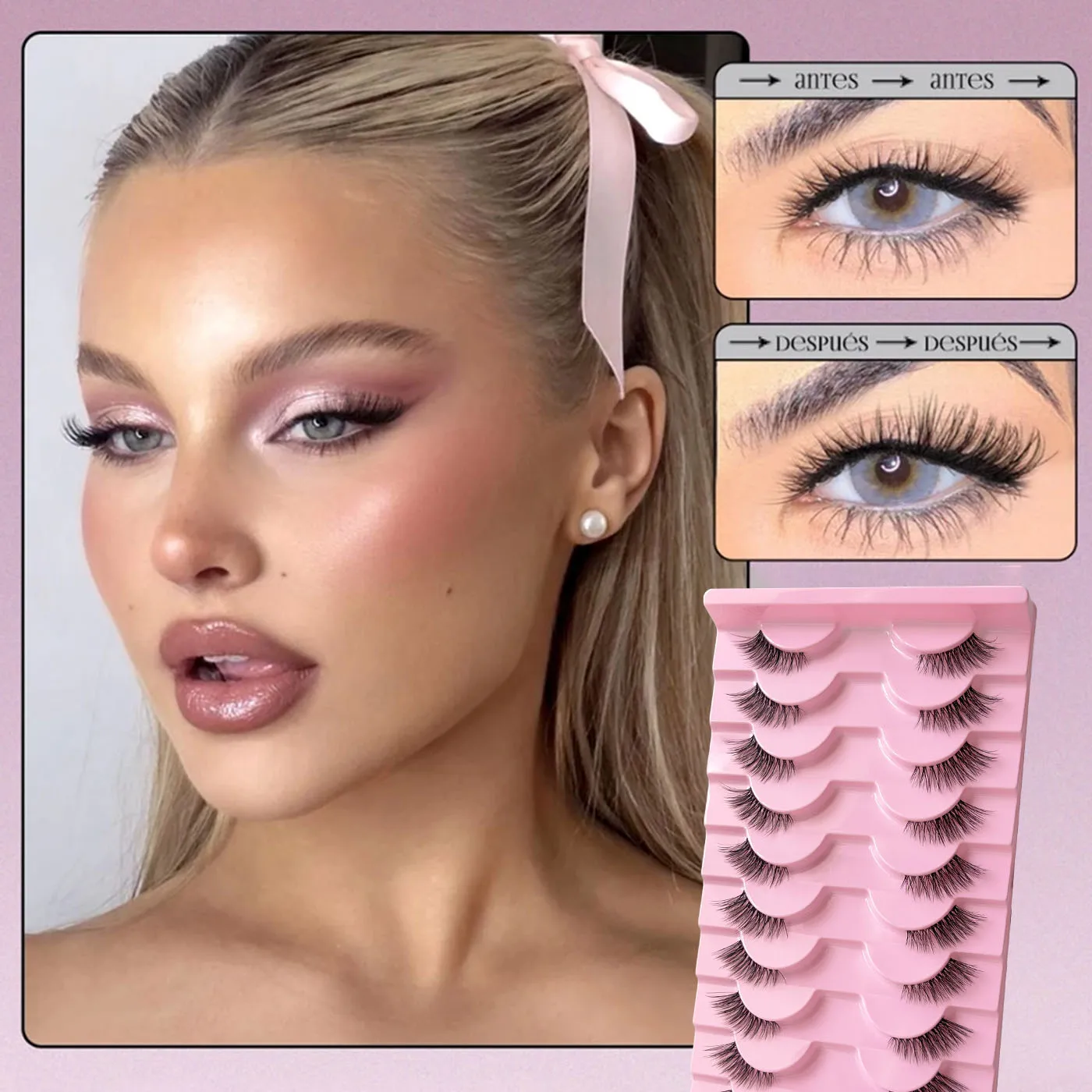 Half-eye lashes with a natural effect, lightweight and short, elongated at the outer corners, suitable for everyday makeup.