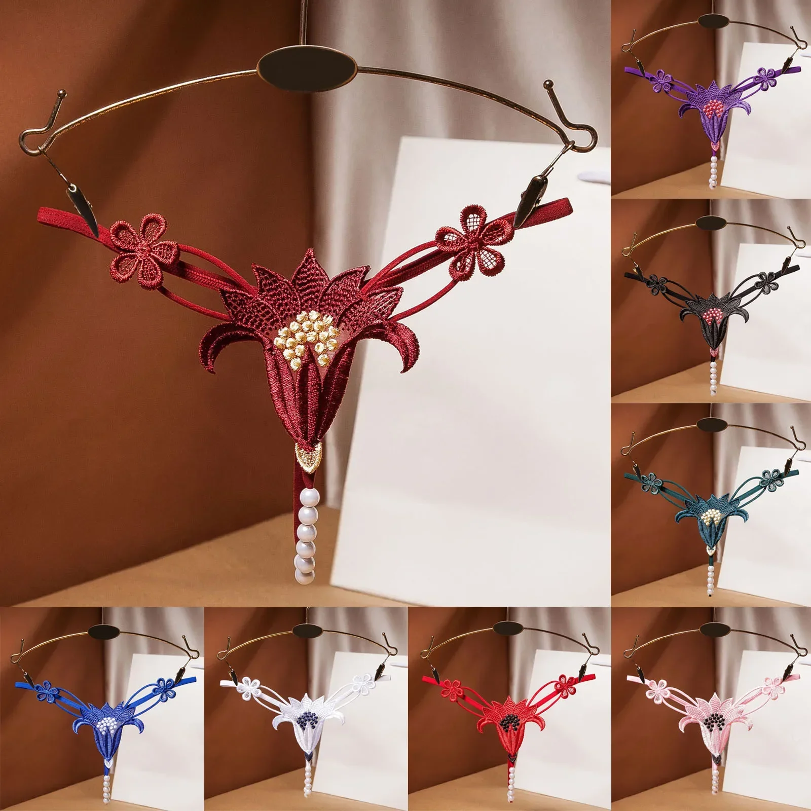 Mutandine di pizzo Lingerie Sexy per le donne Hollow Pearl Jacquard mutandine con apertura sul cavallo vita bassa Flower Crotchless perizoma e perizoma