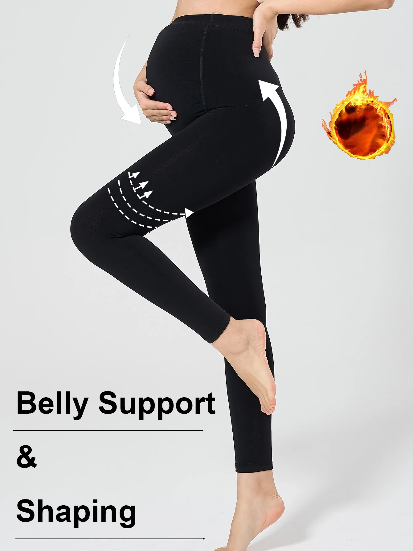 

1 pc Maternity Basic Black Crop-Length Flat-Foot Leggings | Plush Fleece-Lined Thick Adjustable Strap Belly-Support Waist Minima