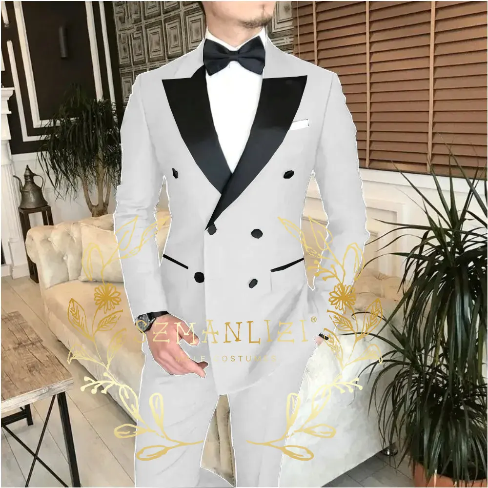 Double Breasted Slim Fit 2 Piece Wedding Men Suits Groom Tuxedos Formal Suits for Prom Party Best Man Peaked Lapel Blazer Pants