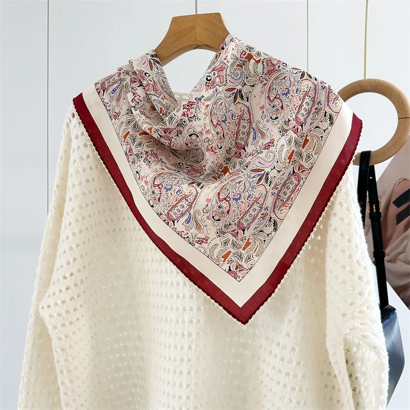 

Classic Paisley Pattern Silk Scarf for Women Burgundy Trim Satin Neckerchief Versatile Accessory as Headband Bag Tie