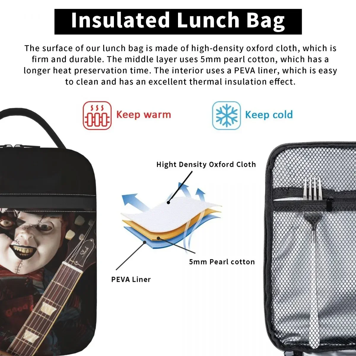 Horror Movie Chucky Insulated Lunch Bags Portable Halloween Childs Play Mistery Food Box Leakproof Thermal Cooler Bento Box