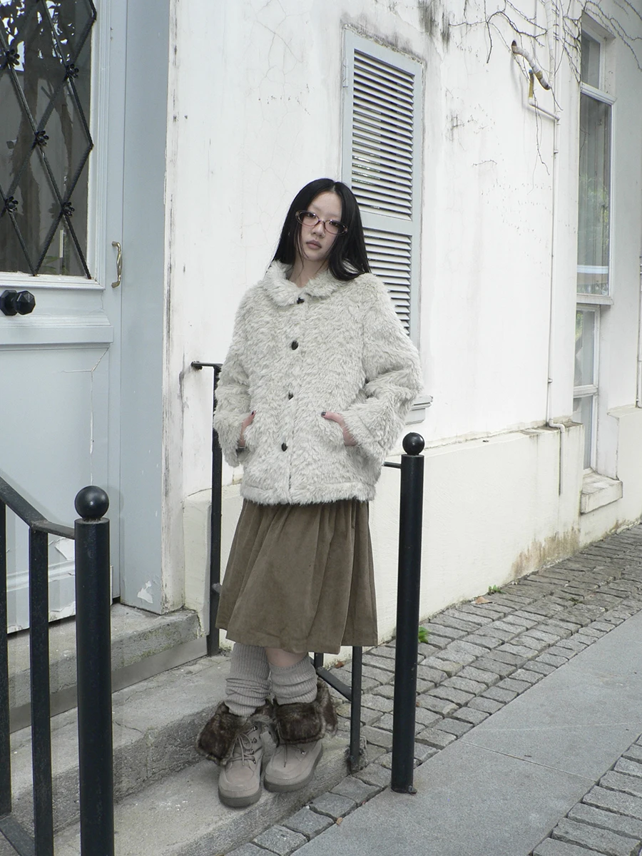 

Angproject Winter New Vintage Collar Fur Leather Inteated Eco-friendly Women's Coat Long Sve Loose Fit Sle