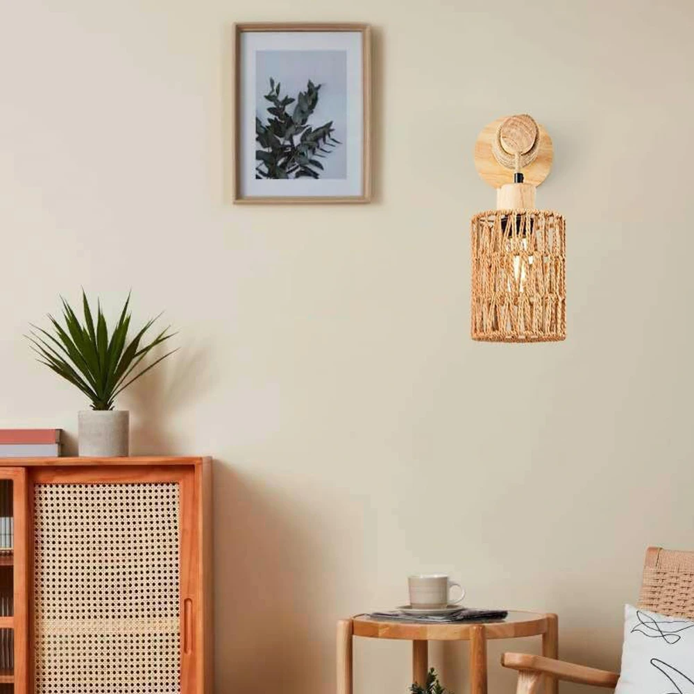 Easy Install Rattan Wall Sconces Wall Lights with Dimmable Boho Wall Mount Light Fixtures Wicker Wall Lamp for Bedroom Nursery