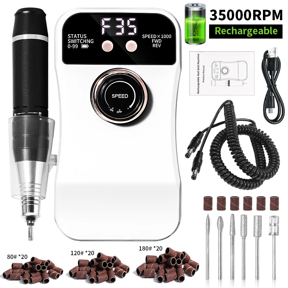 MOSKANY 35000RPM Nail Drill Machine Set With HD LCD Display Rechargeable Nail Sander for Manicure Portable Nails Drill Tools Kit