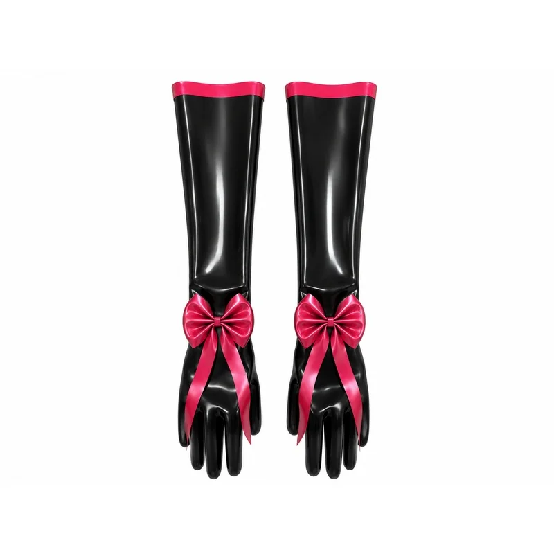 Handmade Latex Cos Studio 100% Natural Latex Long Gloves, Pink Bow Decor Hand‑Glued Latex Gloves for Cosplay Party Halloween