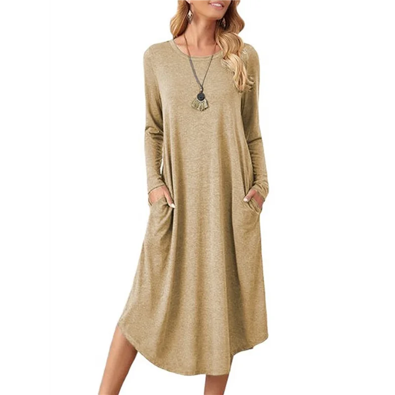 

ABUM-Women's Long Dress Long Sleeve Round Neck Pajamas With Pockets