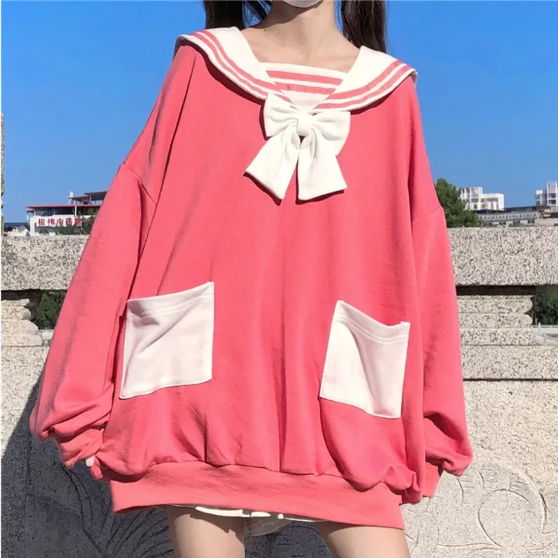 Kawaii Rabbit Long Ears Sailor Collar Hoodies Japanese Lolita Style Cute Women Bowknot Sweatshirts Oversized Loose Pullovers Top