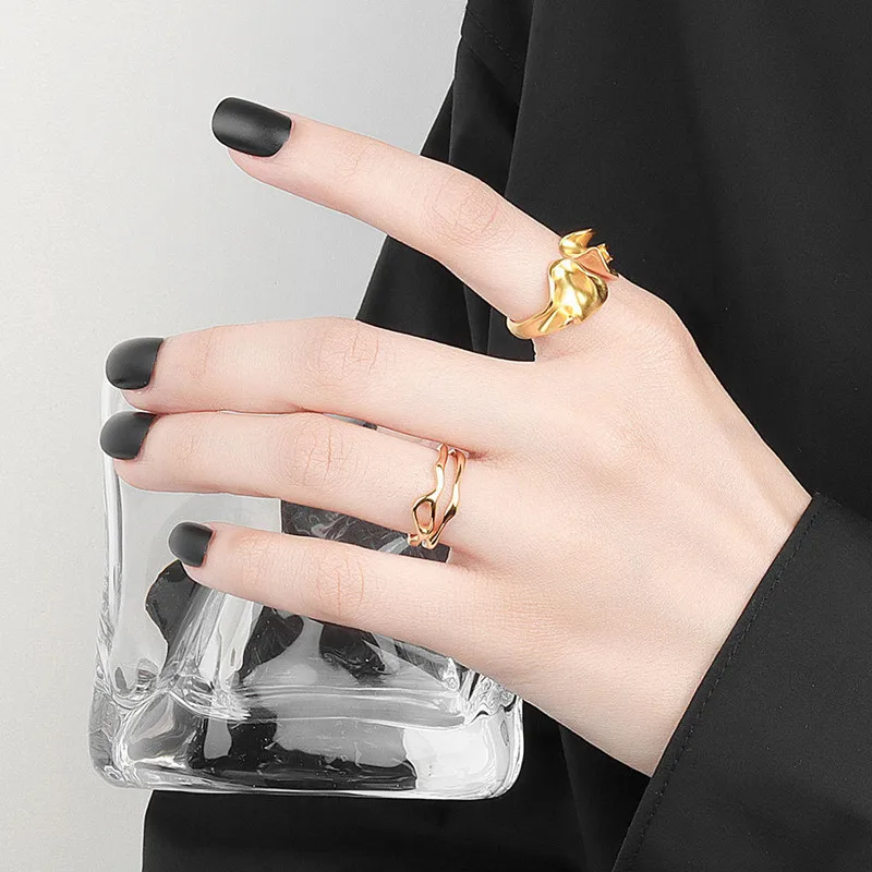 QMCOCO Silver Color  Irregular Geometric Wave Grain Ring For Women Vintage Open Adjustable Rings Birthday Party Jewelry Gifts
