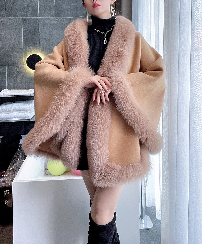 ZDFURS*2024 Autumn Winter New cashmere cape Women\'s Double-Faced Woolen Fox Fur Collar Fur Cape and Shawl Coat 75CM long