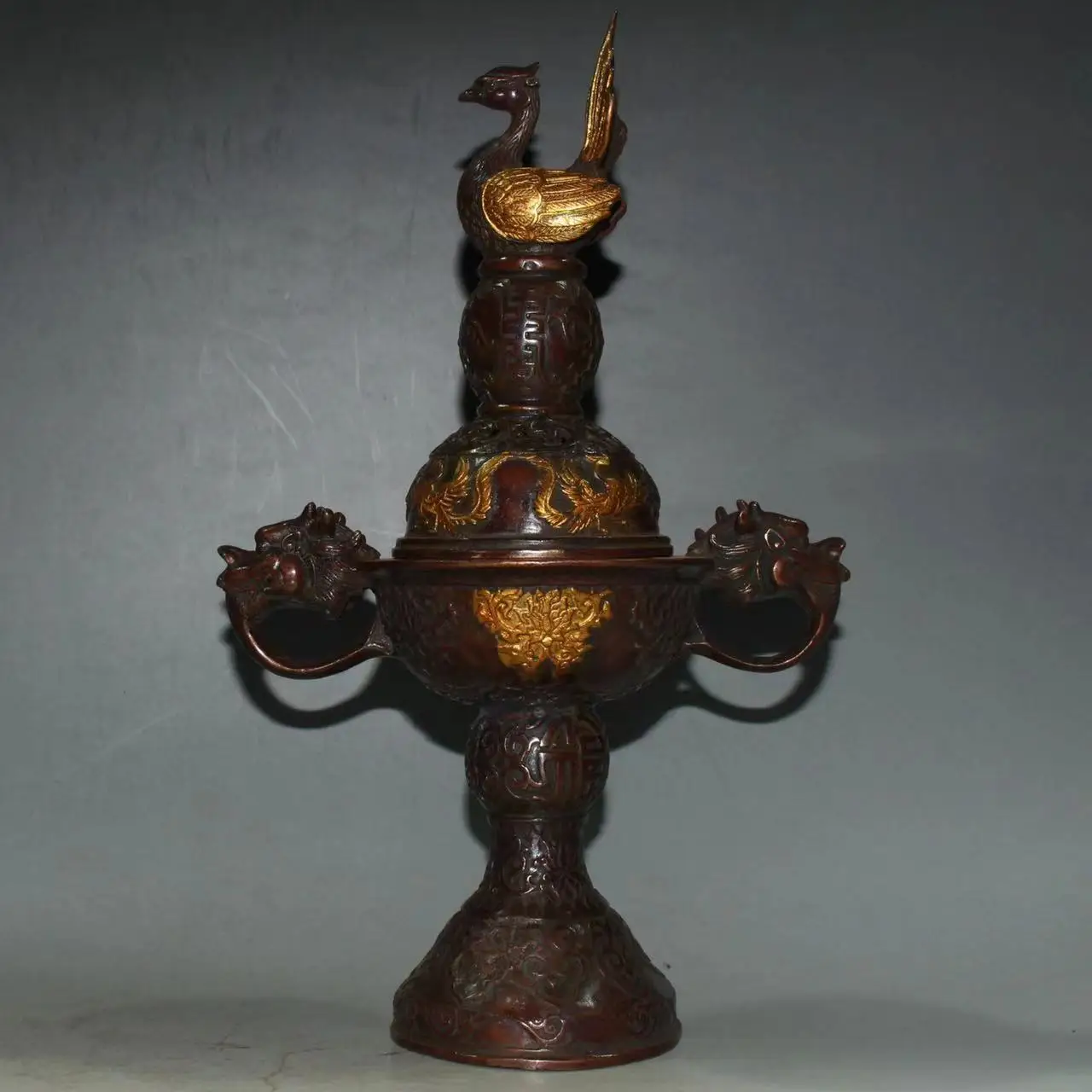 Collection old Chinese copper two dragon heads&bied censer statue