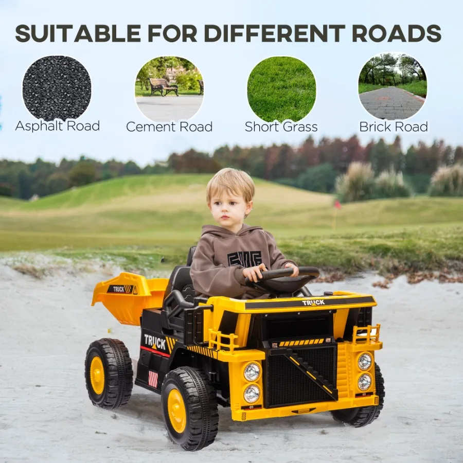 Qaba Ride on Dump Truck 12V Ride on Car with Electric Dump Bed and Extra Shovel Spring Suspension Wheels Music Player LED light