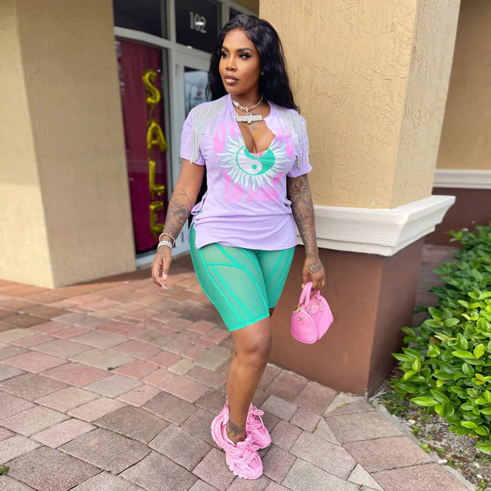 Letter Print T Shirt for Women Fashion V Neck Slit Short Sleeve Tees Summer Tops Y2k T-shirt 2023 New Drop Shipping Items