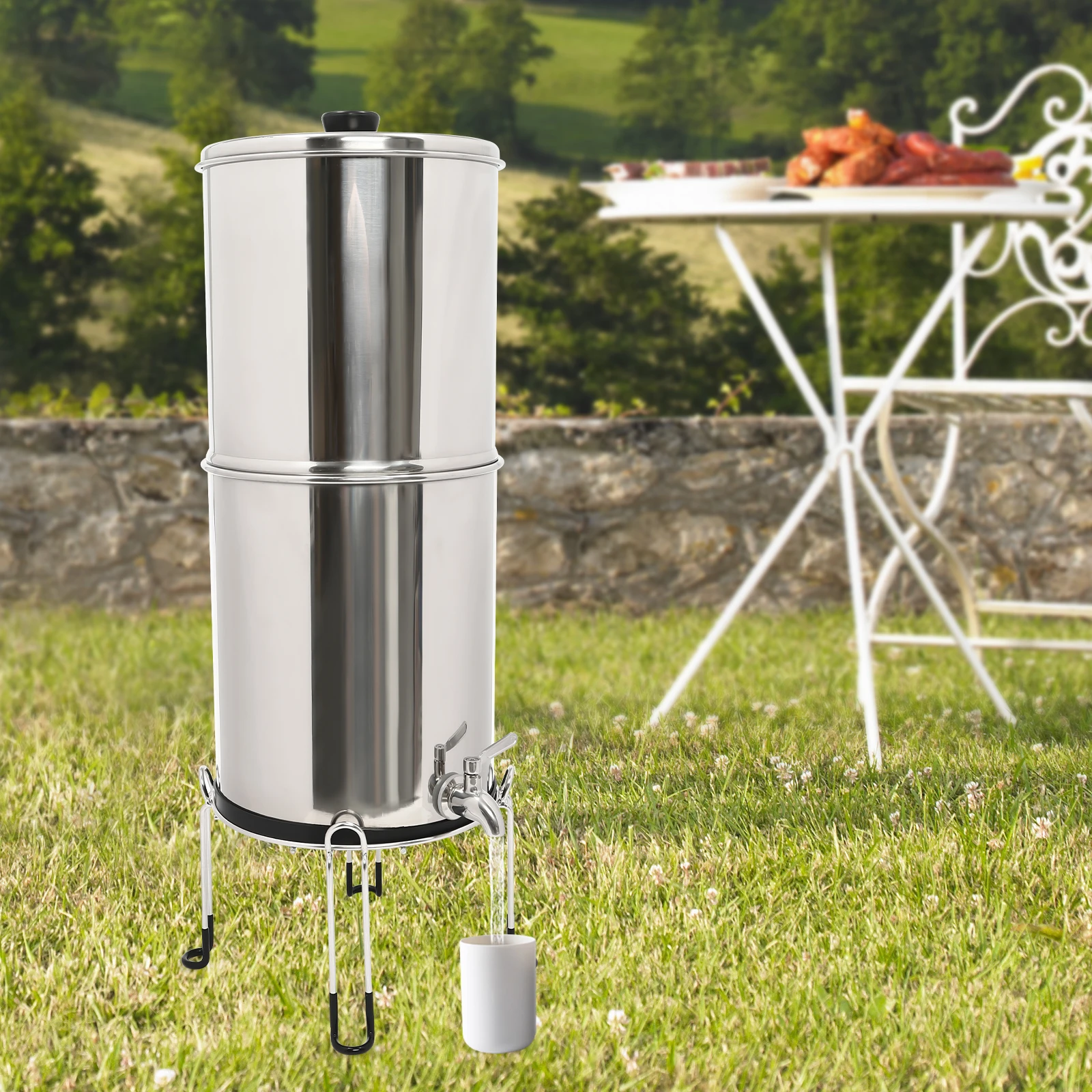 

Gravity-fed Water Filter System, 2.25 Gallon Stainless Steel Countertop System with 2 Silver-loaded Carbon Rod Filters