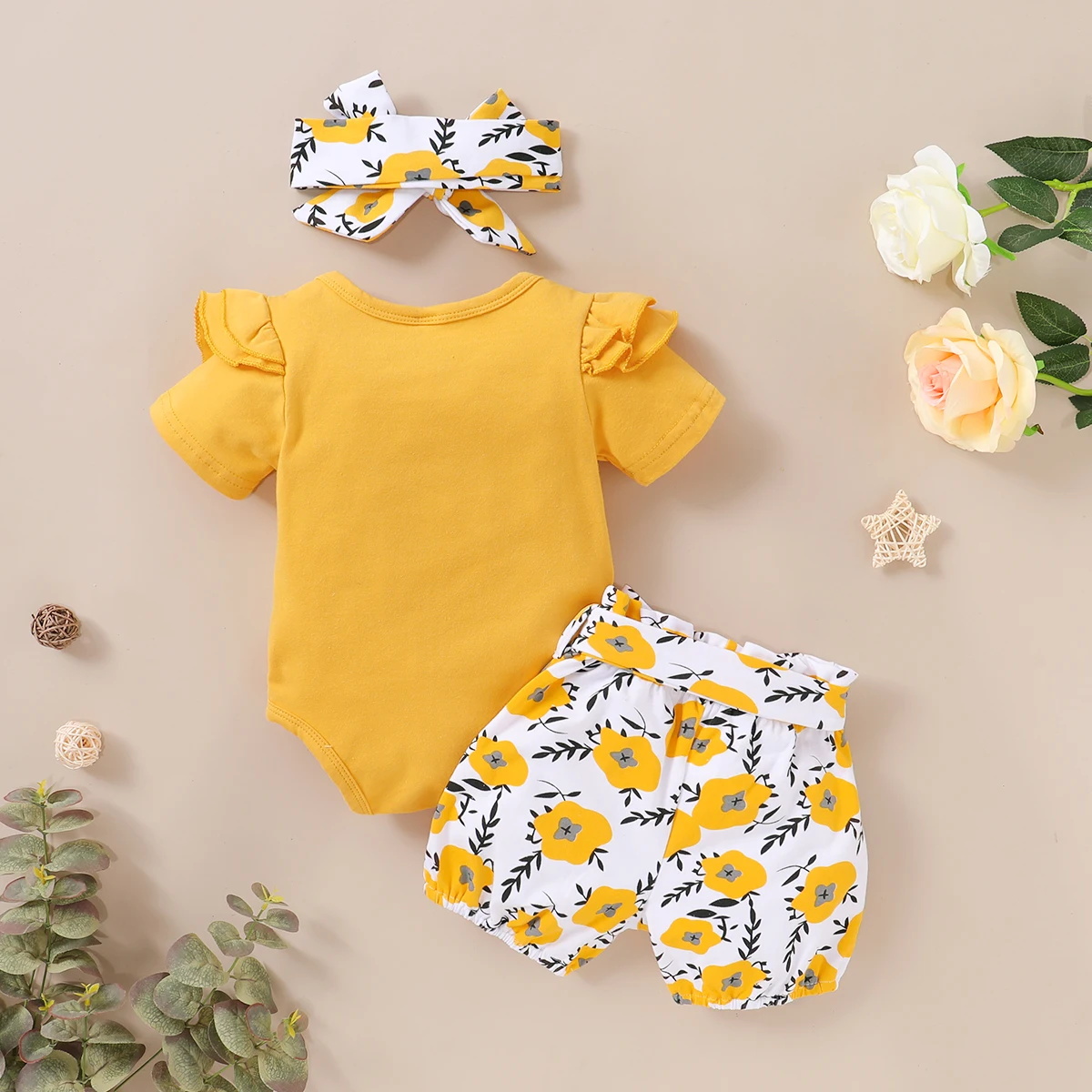 0-18 Months Infant Toddler Baby Girl Short Sleeves Crew Neck Romper+Floral Shorts+headband 3PCS Summer Baby Set Leisure Clothes