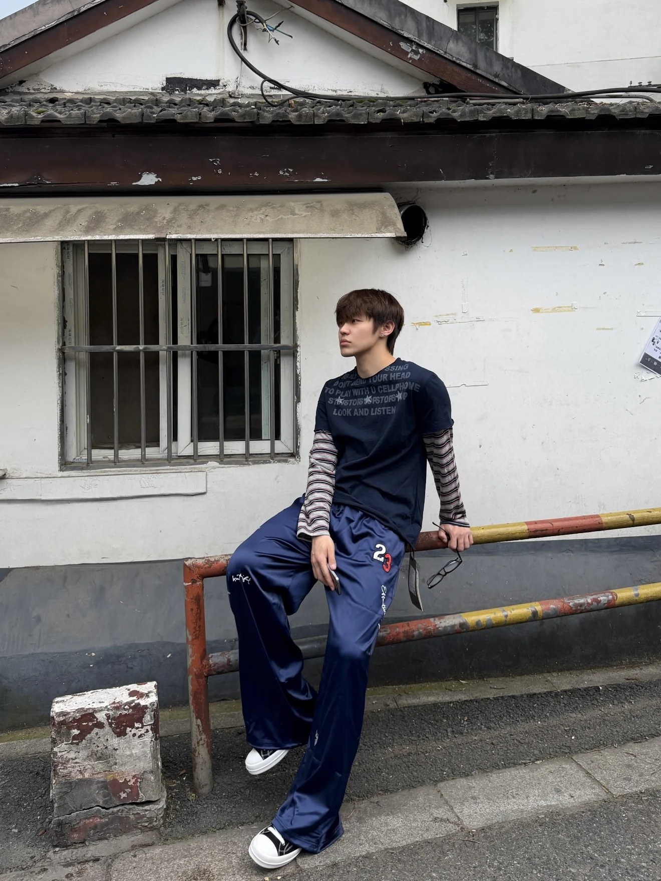 

American Street Style Long Sleeve T-Shirt Men's Casual Pants Ensemble Satin Cool Feeling Embroidery Floor-Length Pants