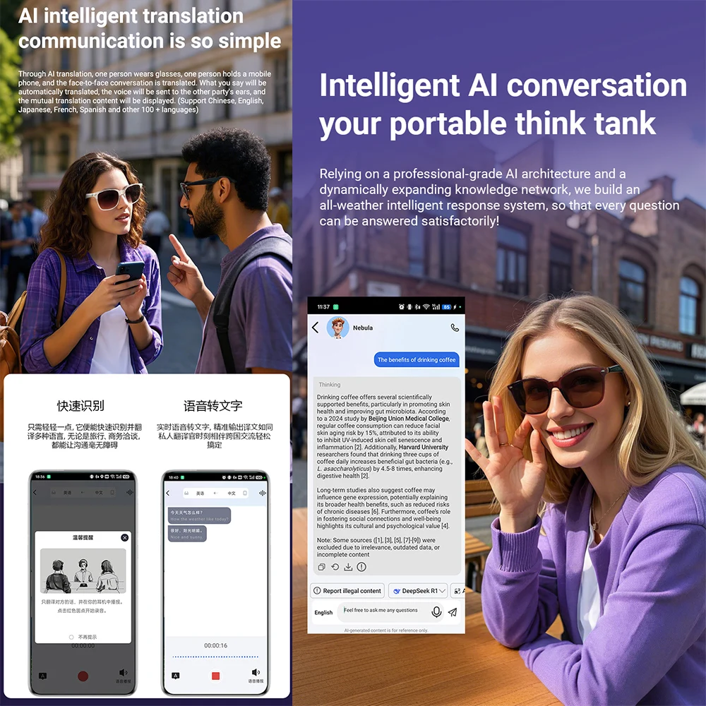 JT-GY500 Bluetooth Audio Smart Sunglasses AI Translation Smart Wireless Glasses UV400 Support 100+ Languages Outdoor Glasses