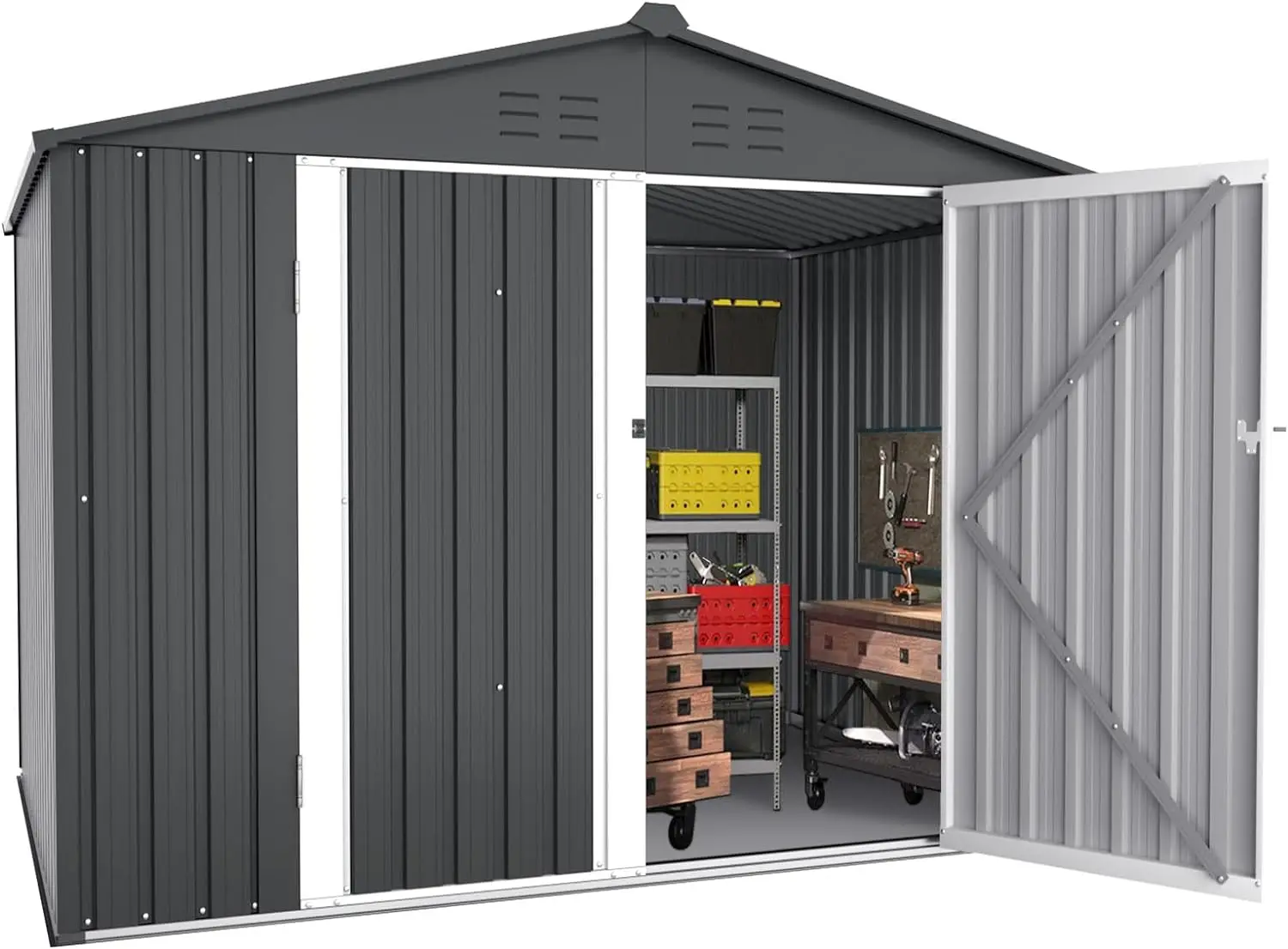 6x8 FT Outdoor Storage Shed Double Sloping Roof Garden Shed Metal Shed Kit with Double Doorknobs and Air Vents Galvanized Meta