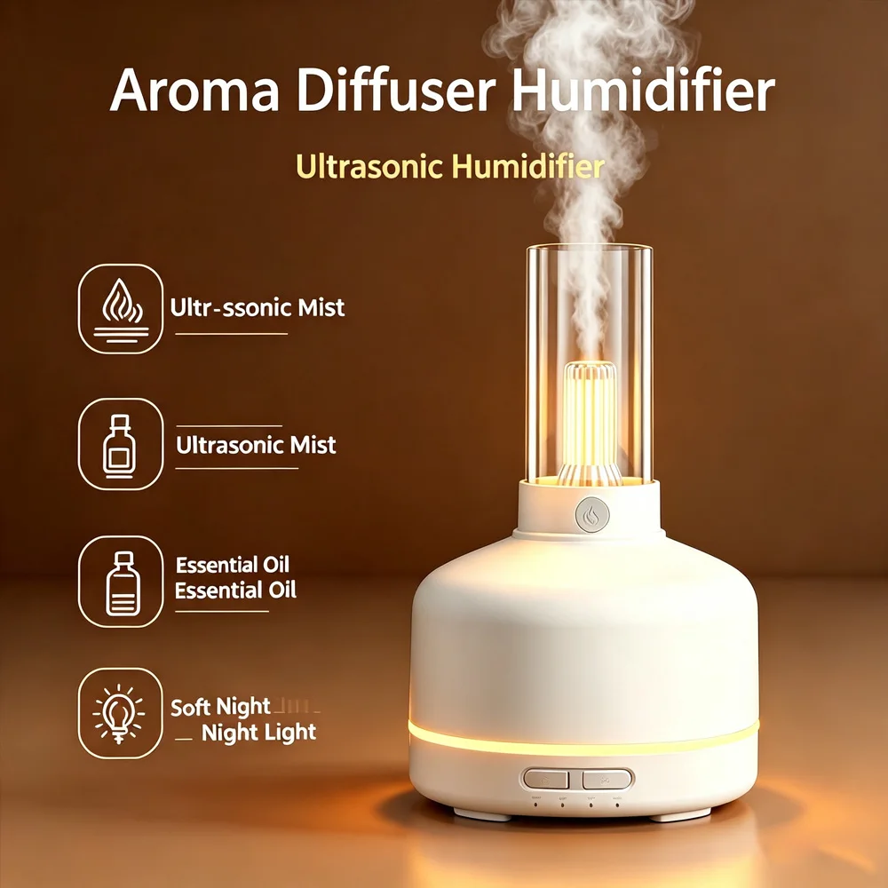 Retro Light Bulb Aromatherapy Diffuser, Ultrasonic Humidifier, Colorful Mood Night Light, Timer Function, Low-Water Protection