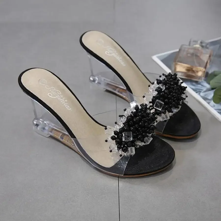 Summer New Wedges Sandals Women Sexy Crystal Transparent High Heels Glass Slippers String Bead PVC Slippers Fashion Shoes 986