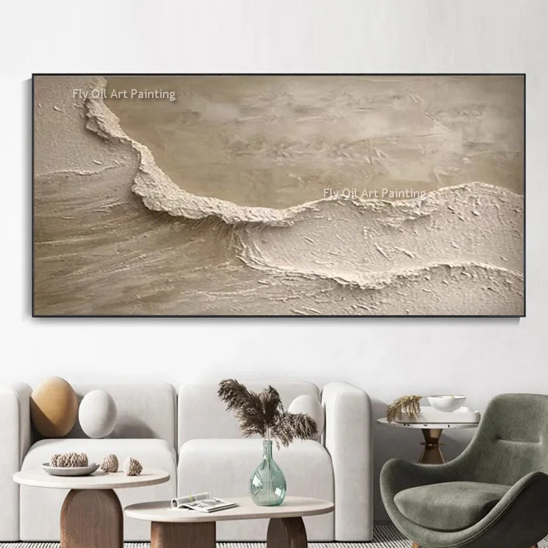FLY OIL ART Handgefertigtes großes braunes Seawves-Ölgemälde, abstraktes beige-braunes Meer, Strand, Leinwand, Wandkunst, moderne Wanddekoration für Zimmer