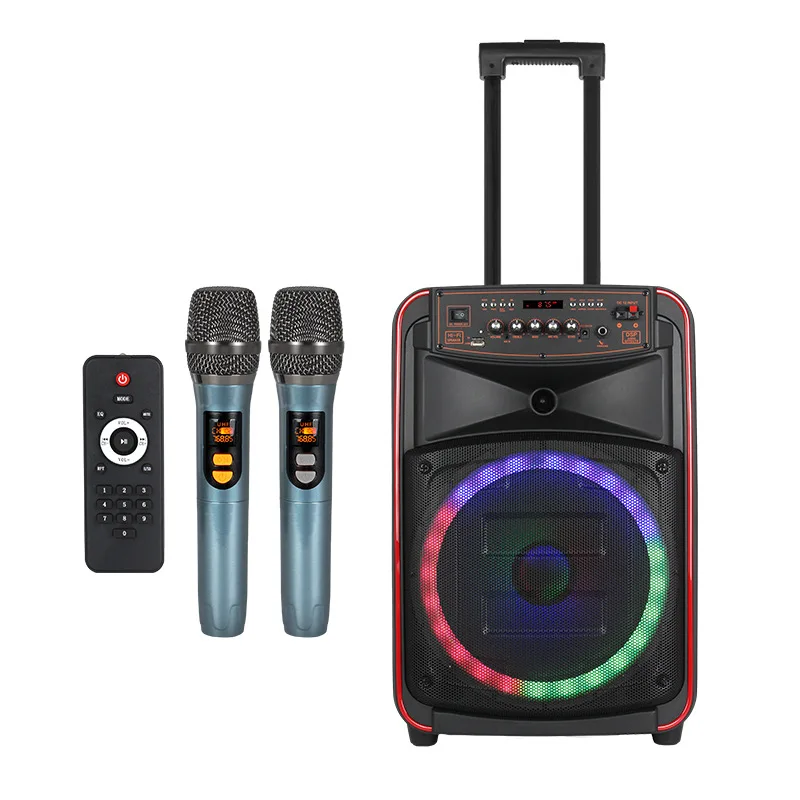 

8/12-inch Outdoor Party Trolley Bluetooth Speakers Box Super Power with LED Light Remote Control Two Karaoke Wireless Microphone