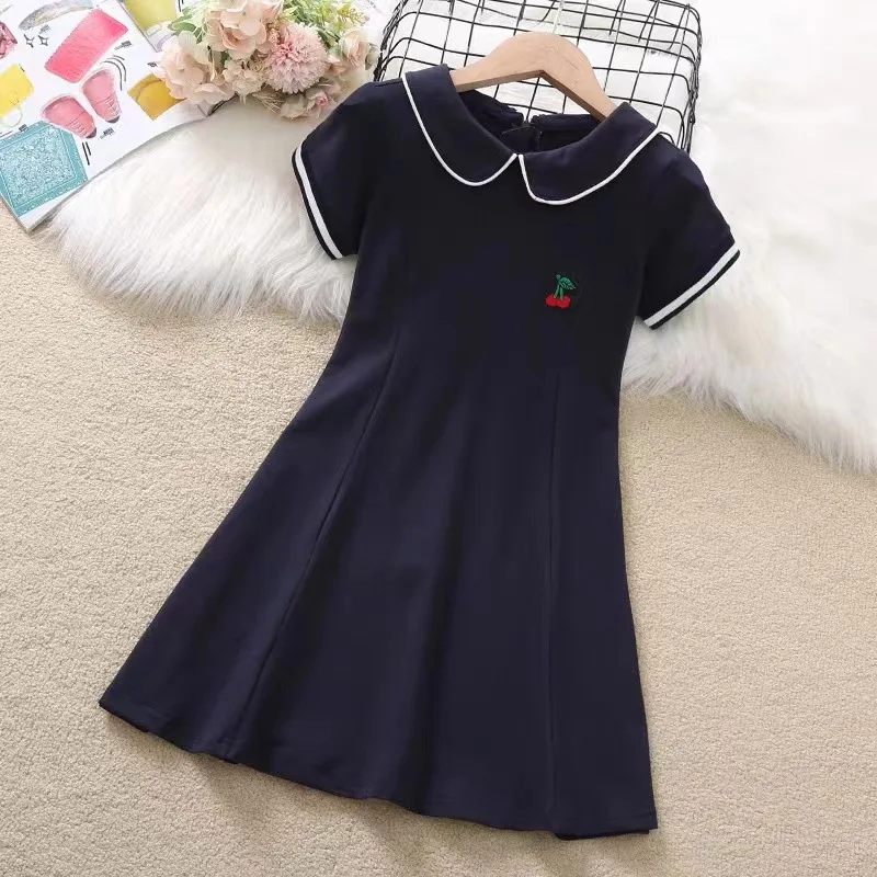 2024 Summer New retro Girls long fruit Cotton peter pan Collar Teenager striped Preppy Dresses Baby Clothes Toddler 8 10 12 year