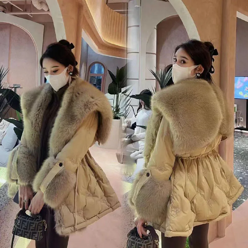 

Female Casual Thick Warm Rhombus Pattern Parkas Winter New Women Elegant Big Fur Collar Slim 90% White Duck Down Coats