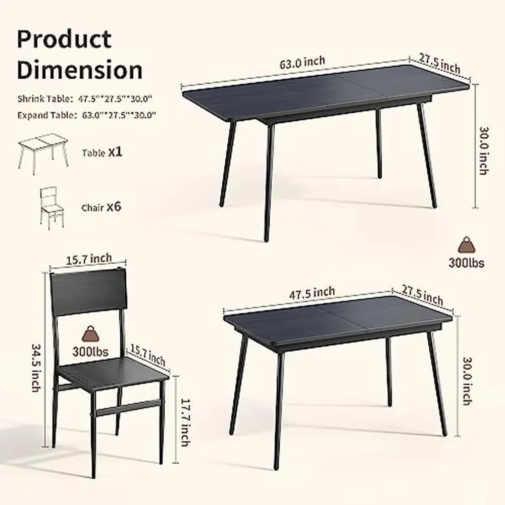 Large Extendable Dining Table Set 6 Chairs Metal Frame Round Corner Kitchen Room Noise Reduction Black Modern 63 x 27.5 x 30