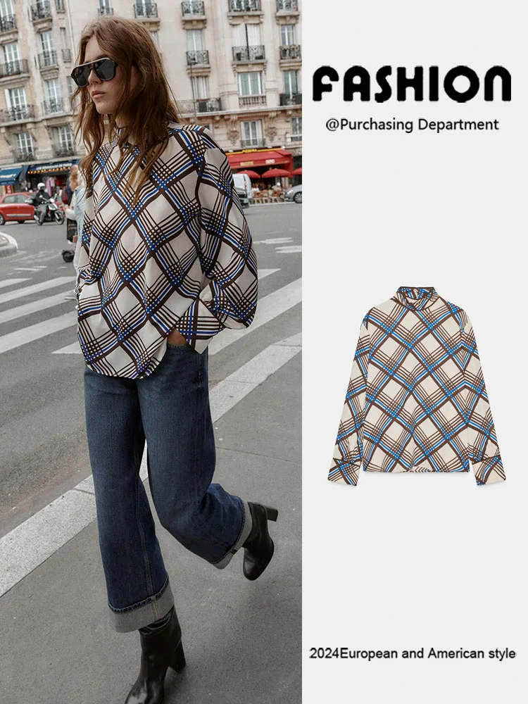 

Модная повседневная женская рубашка в клетку с высоким воротником и длинным рукавом, новинка зимы 2025, универсальный женский топ, стройнящий фигуру