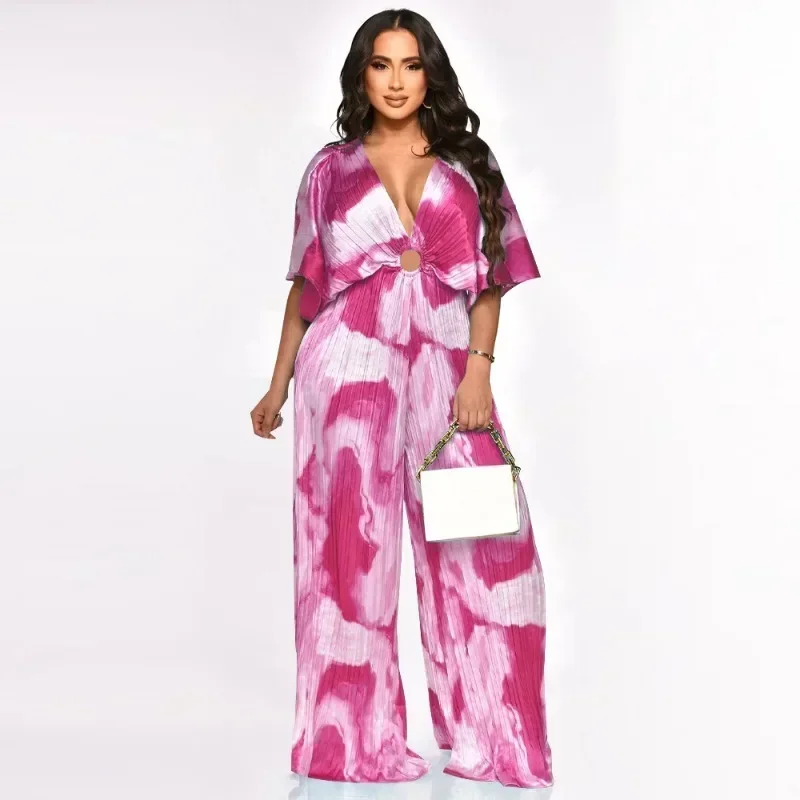 GUWU Mode Vrouwen Tie Dye Gedrukt Batwing Mouw Wijde Pijpen Rechte Jumpsuit Streetwear Speelpakje Eendelig Pak Romper