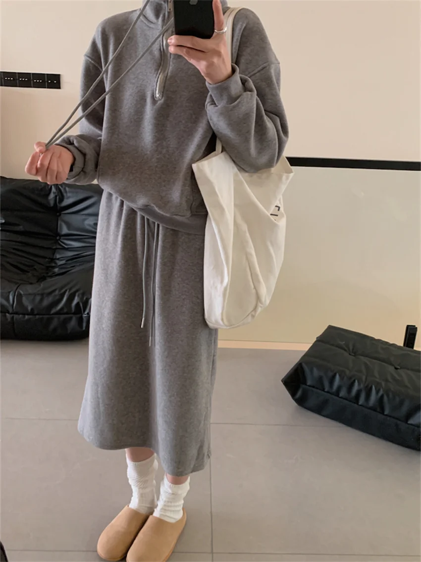 Alien Kitty Minimalist Women Chic Loose Suits Sports Daily 2024 Thicken New Casual Sweatshirts Fashion Spring Long Skirts Sets