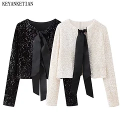 KEYANKETIAN New Launch Women's Sequined Beading Bow Lace Up Luxury Crop Top Cardigans Stylish Sexy Shiny Design Outerwear Coat
