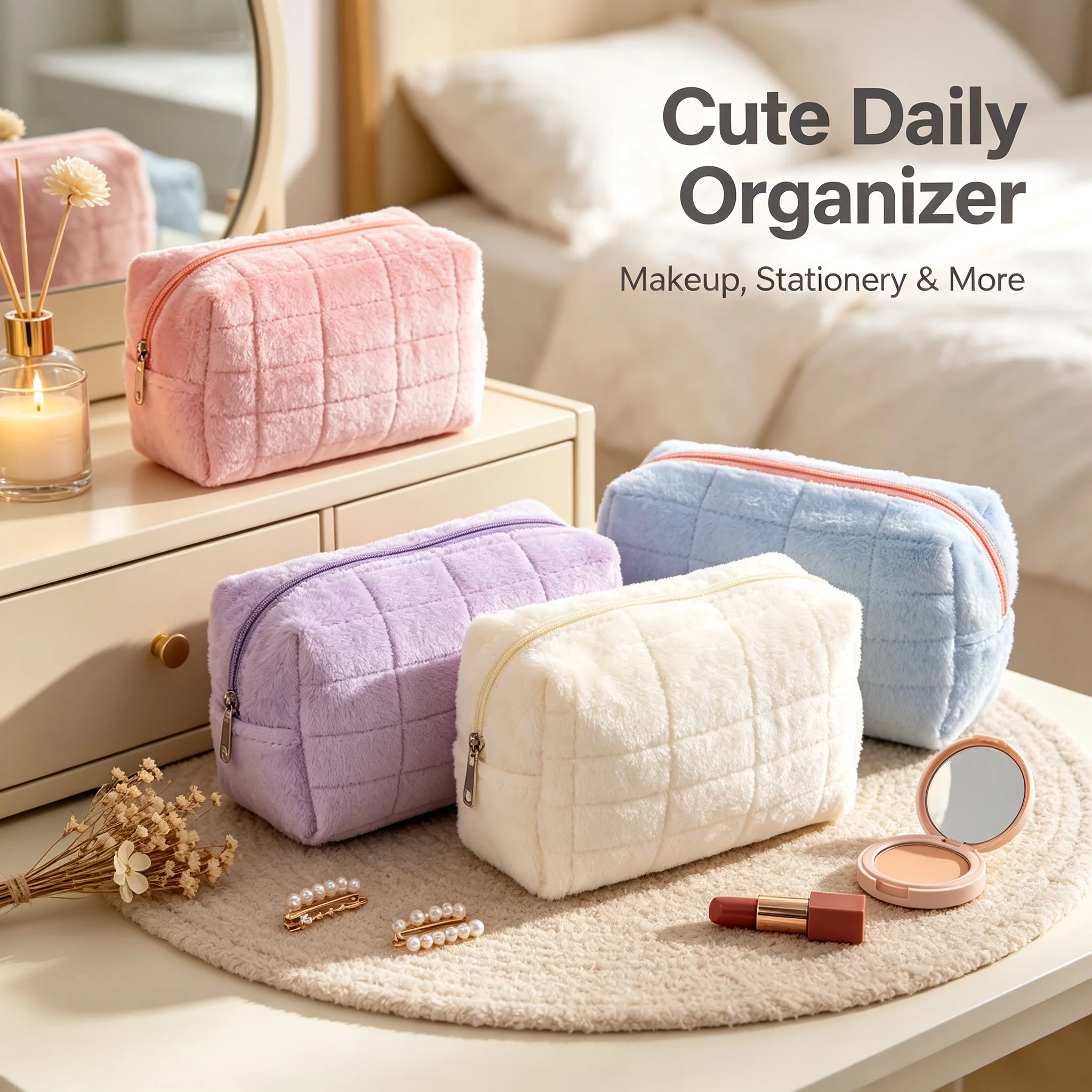 Soft Fluffy Fur Cosmetic Bag Large Capacity Zipper Travel Toiletry Pouch Multi-purpose Pencil Case
