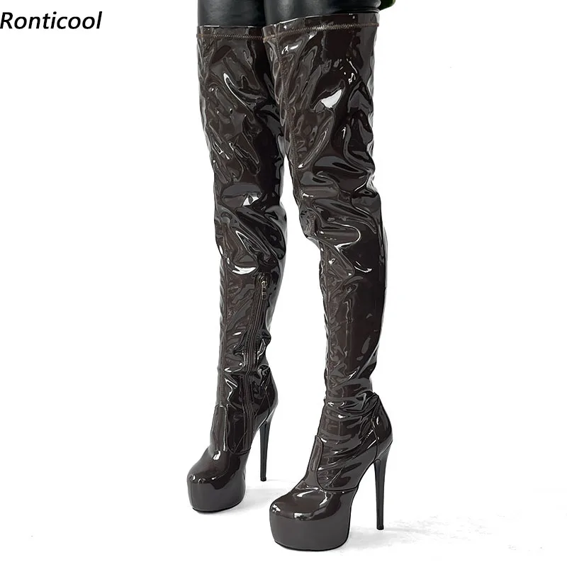 

Ronticool, женские весенние эластичные лакированные ботинки до бедра, пикантные серые туфли на шпильке с острым носком, размер США 5-20