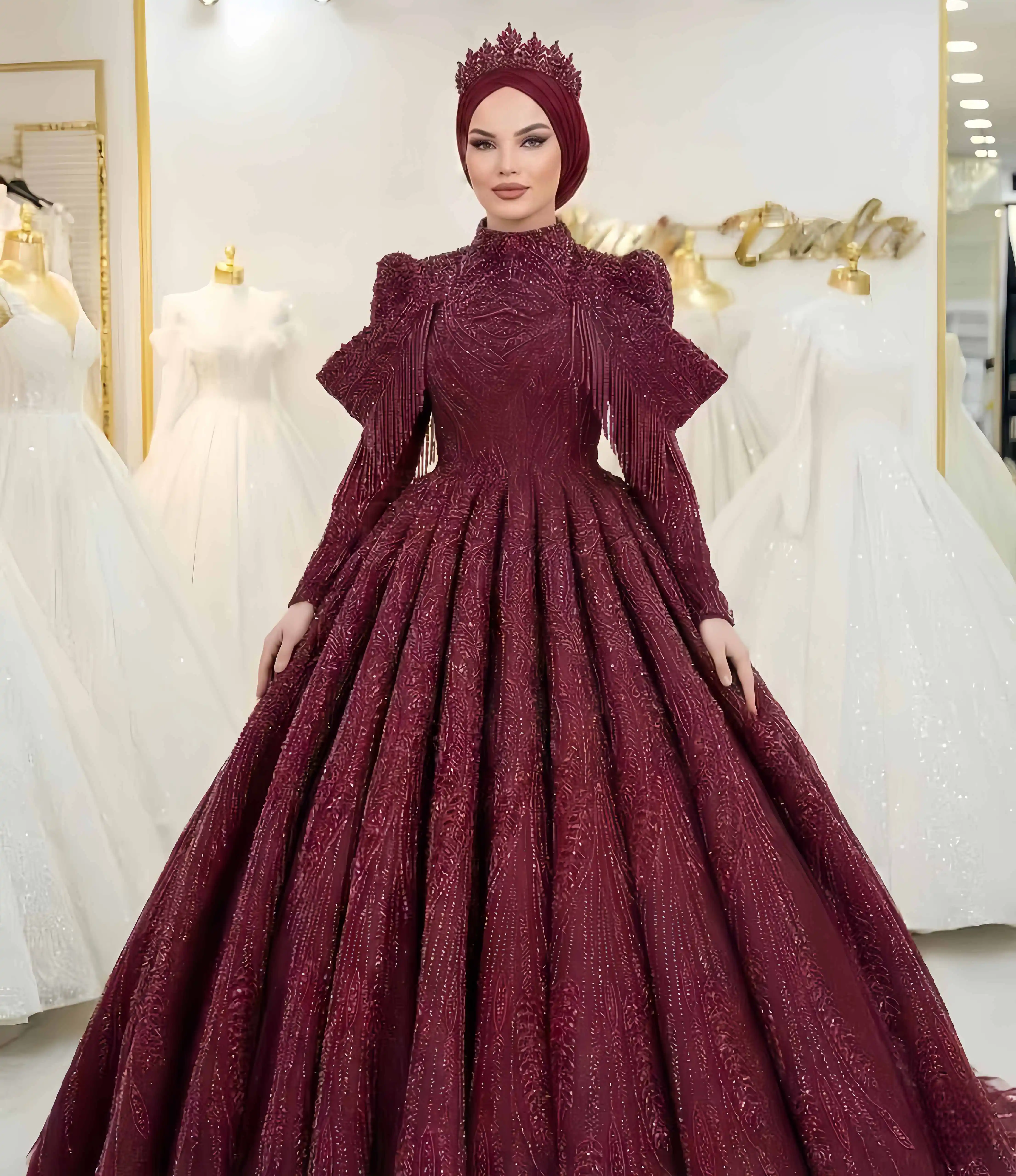 

Индивидуальное мусульманское свадебное платье для торжества, с длинными рукавами, высоким воротником, жемчугом и пайетками, А-силуэт, вечернее платье, арабское, дубайское, для вечеринок