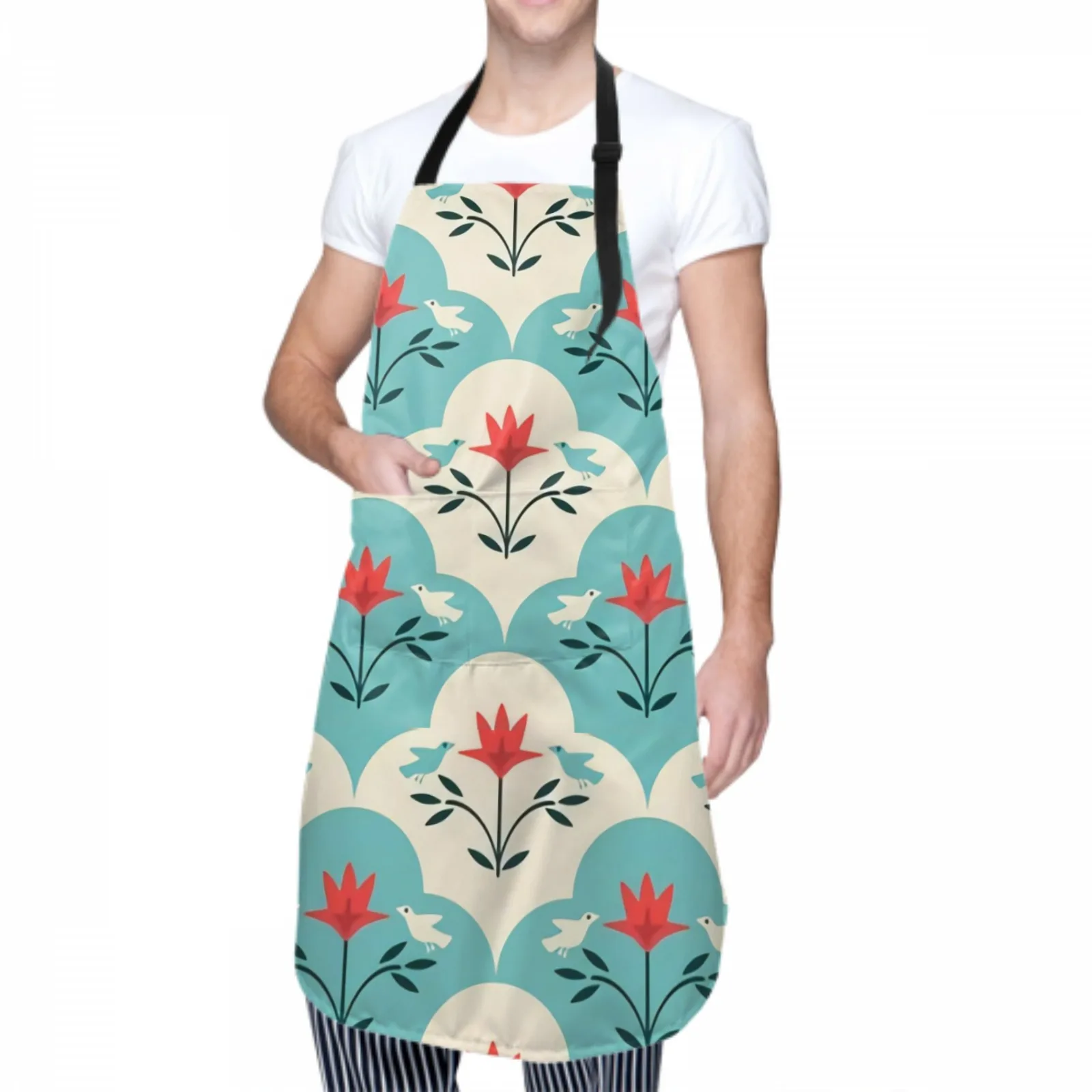 Flowers Waterproof Apron with 2 Pockets Kitchen Chef Aprons Bibs for Grooming Cooking Baking Painting Gardening