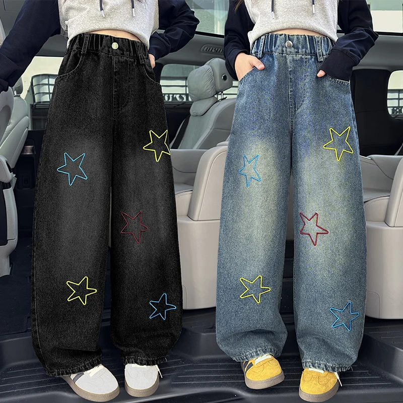 

Autumn Children Fashion Casual Straight Jeans with Stars Embroidery for Tween Girls Elegant Blue Black Denim Pants Kids Trousers