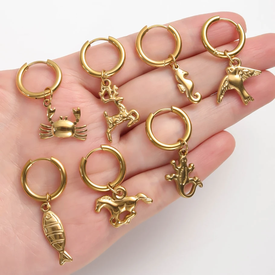 Gold color animal pendant earring cute sea turtle fish tail crab stainless steel hoop earrings for women men accessories jewelry